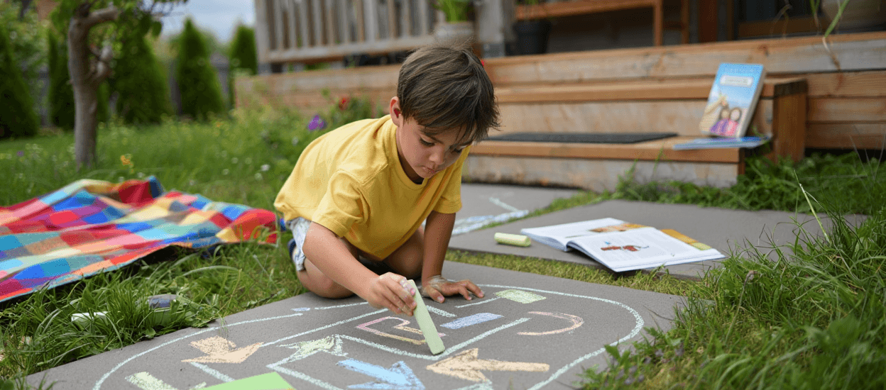 Child drawing colorful arrows and shapes with chalk on a gray path outdoors.