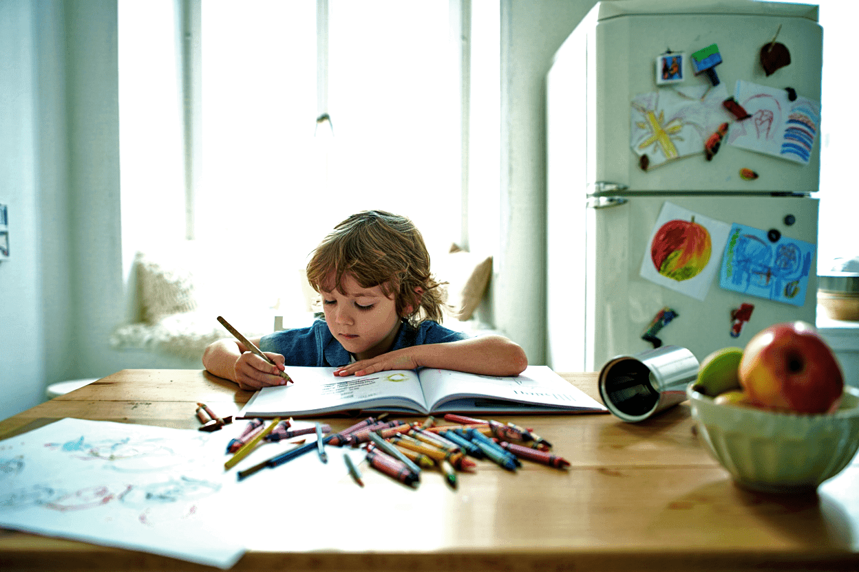 Child drawing in a book with crayons at a wooden table.