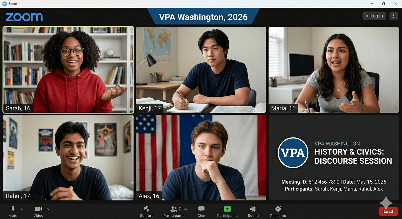 A Zoom gallery view of five high school students in a virtual "VPA Washington, 2026 History & Civics Discourse Session 