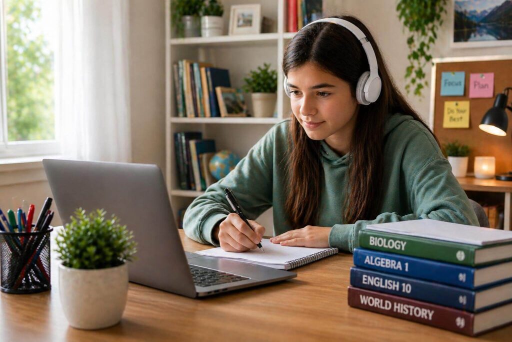 Student studying online at home with laptop and textbooks at desk