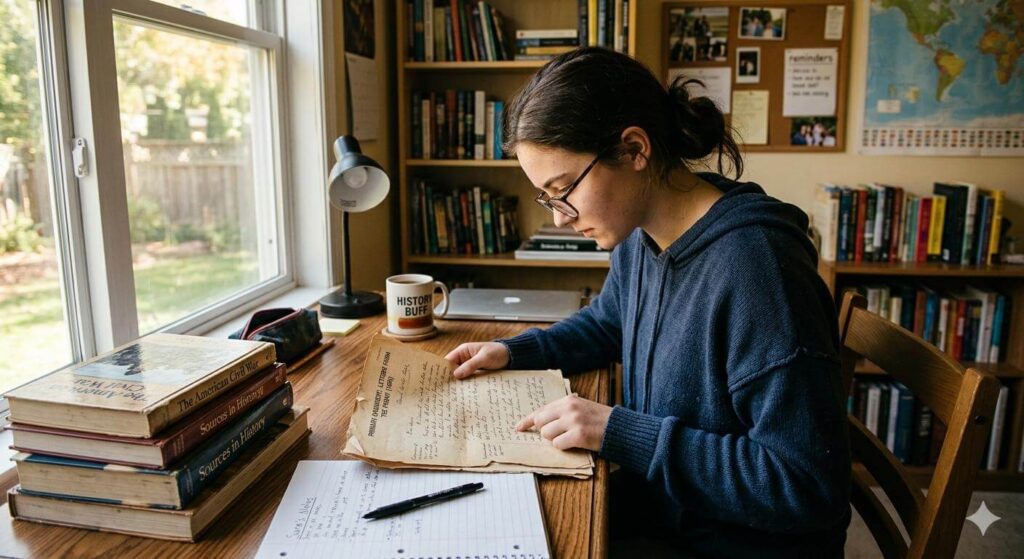 A student focused on a primary historical document at a desk surrounded by books, illustrating deep civic learning.