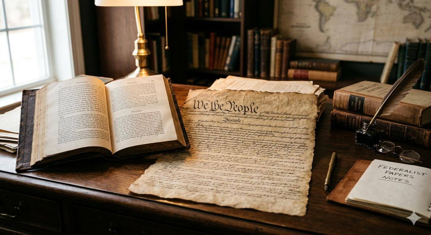 An antique desk featuring an aged United States Constitution document, an open old book, a stack of books, and a quill pen in an inkwell. 