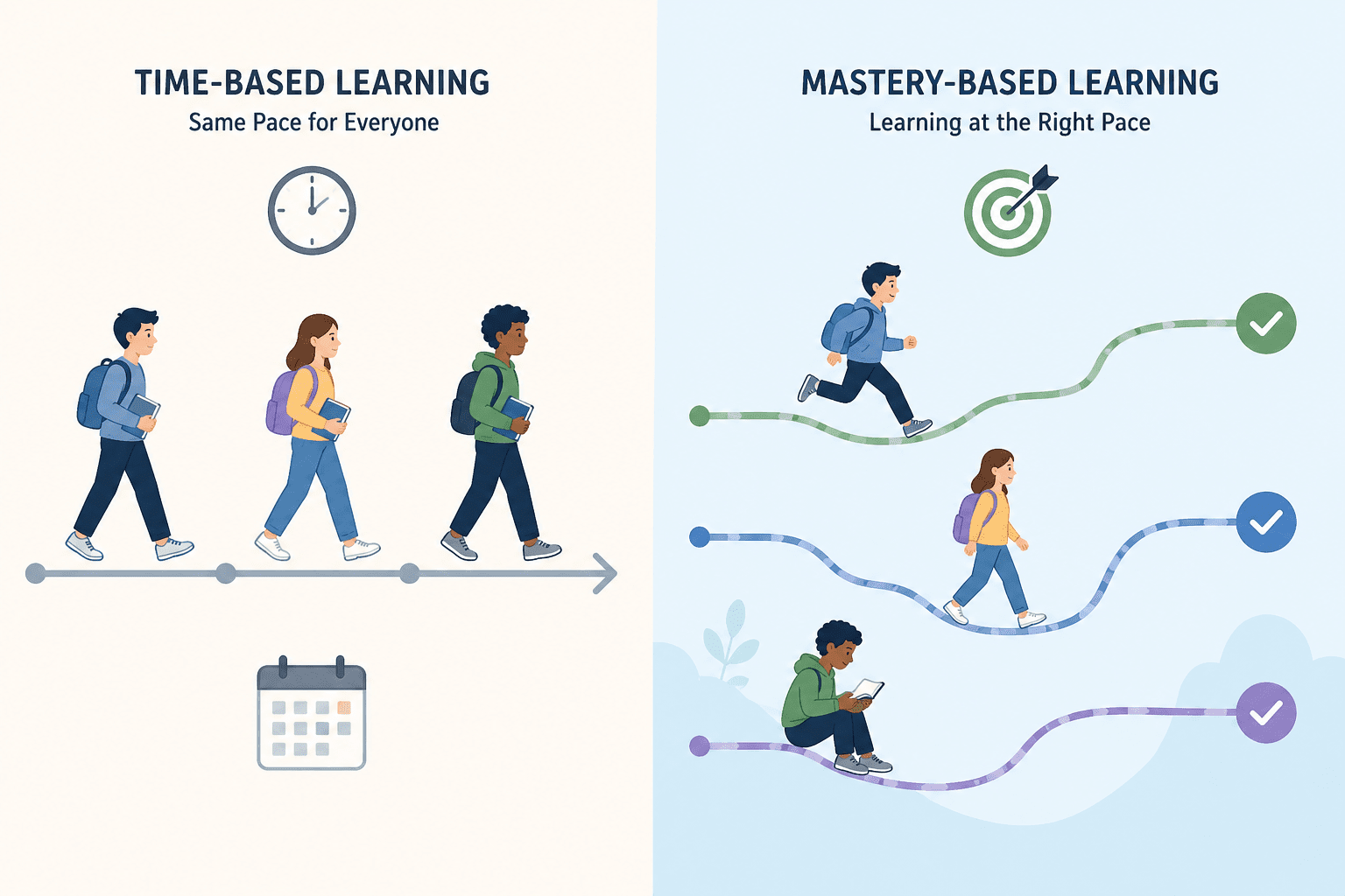 Comparison of time-based learning and mastery-based learning showing fixed pace vs individual progress 